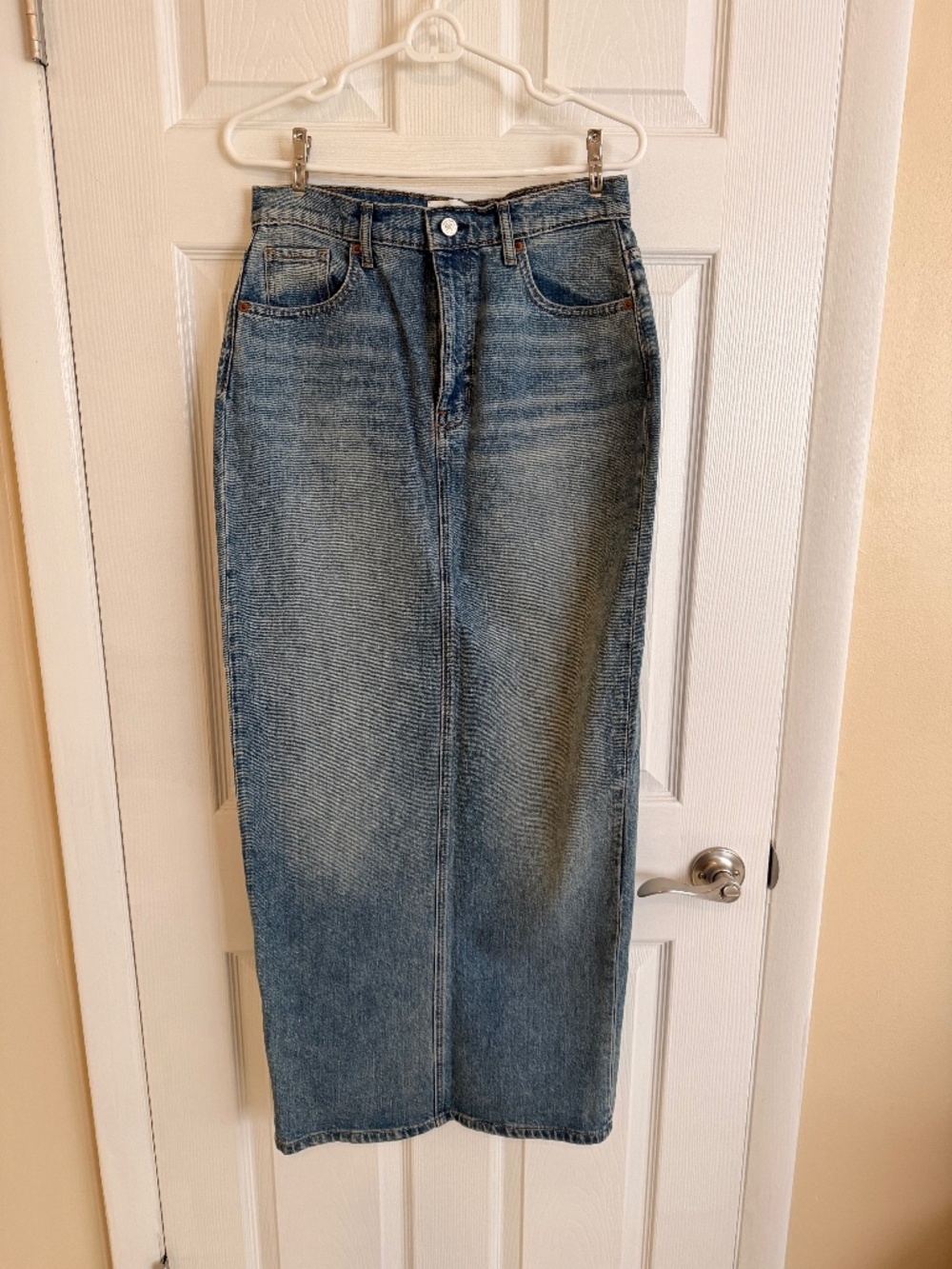 Reformation ultra high rise denim maxi skirt